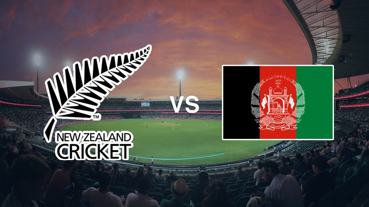 A cricket pitch with the New Zealand and Afghanistan logos on top, for the New Zealand and Afghanistan live stream of the T20 World Cup