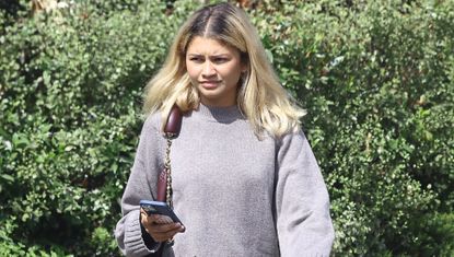 Zendaya walks around in California wearing a Loewe squeeze bag with a gray crewneck sweater and track pants