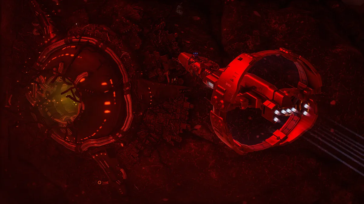 EVE Online new screenshot of ship with large ring approaching base built into asteroid under red light