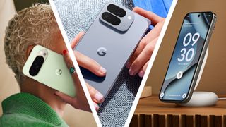 A woman holding a Pixel 10 Pro to her ear, next to ands holding a Google Pixel 10 phone, and another Pixel phone on a stand