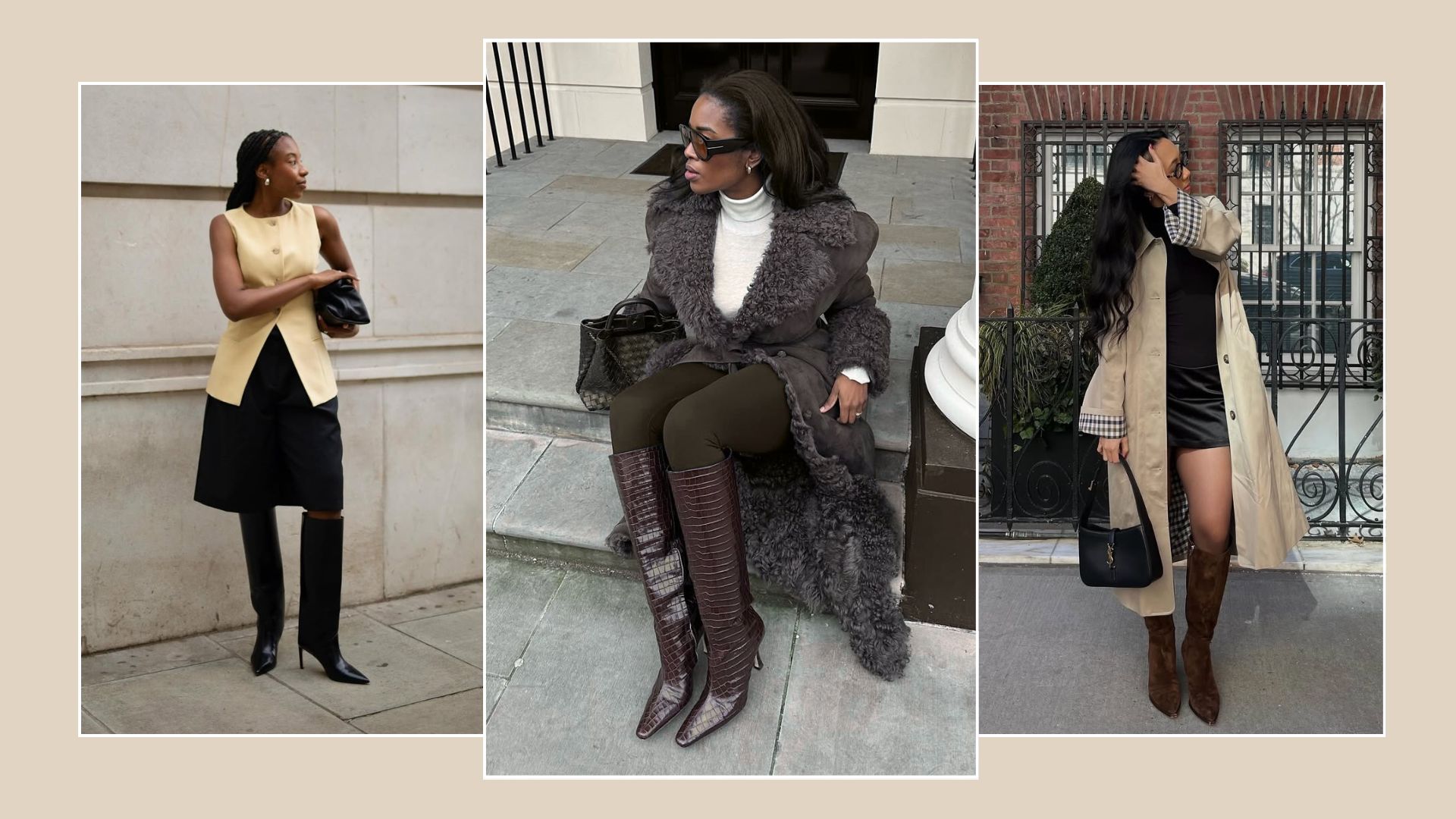 Woman wears yellow waistcoat; woman wears brown coat and croc boots; woman wears trench coat and brown suede knee high boots
