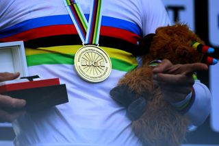 Mathieu van der Poel (Netherlands) wins gold medal and rainbow jersey in elite men's road race at the UCI World Championships in Glasgow