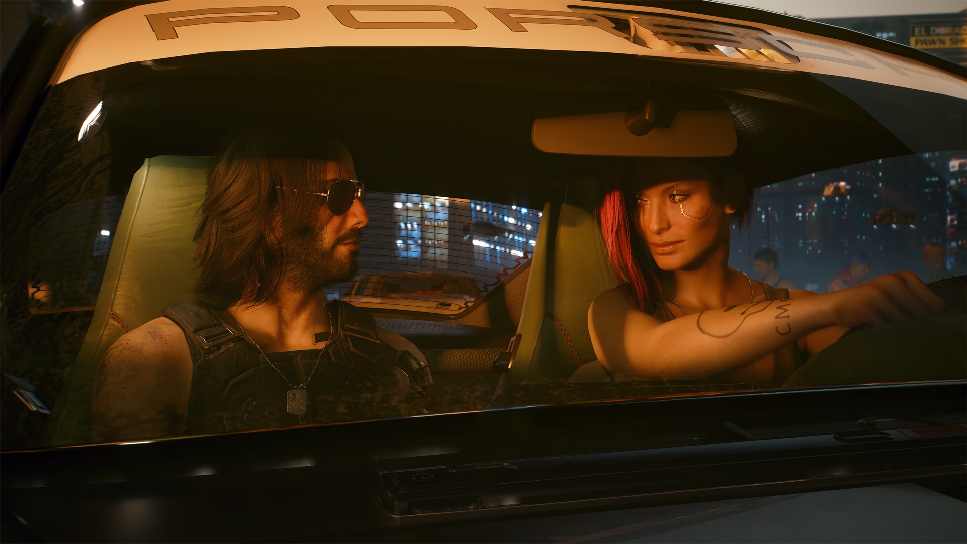 Johnny and V riding in a car in Cyberpunk 2077