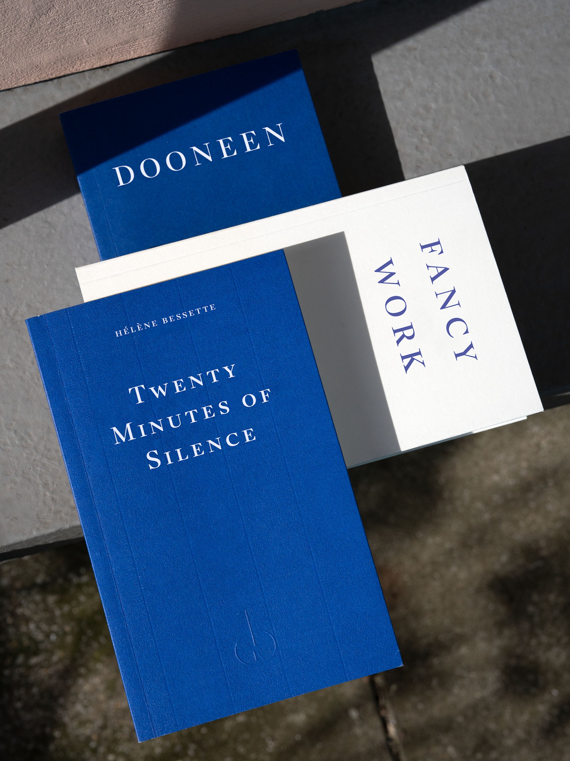 Three books placed on top of each other, two blue, one white, with titles in white and blue, respectively, sit on a messy pile atop a gray surface, lit up by sunshine.