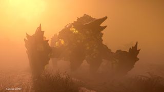 A Spore Charger in Helldivers 2 stands in a cloud of yellow fog