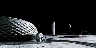 Artist's illustration of lunar infrastructure built by ICON's Project Olympus construction system, along with a SpaceX Starship in the background.