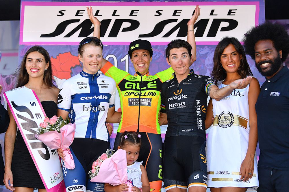 The stage 9 podium at Giro Rosa: Lotta Lepist&ouml;, Marta Bastianelli and Giorgia Bronzini