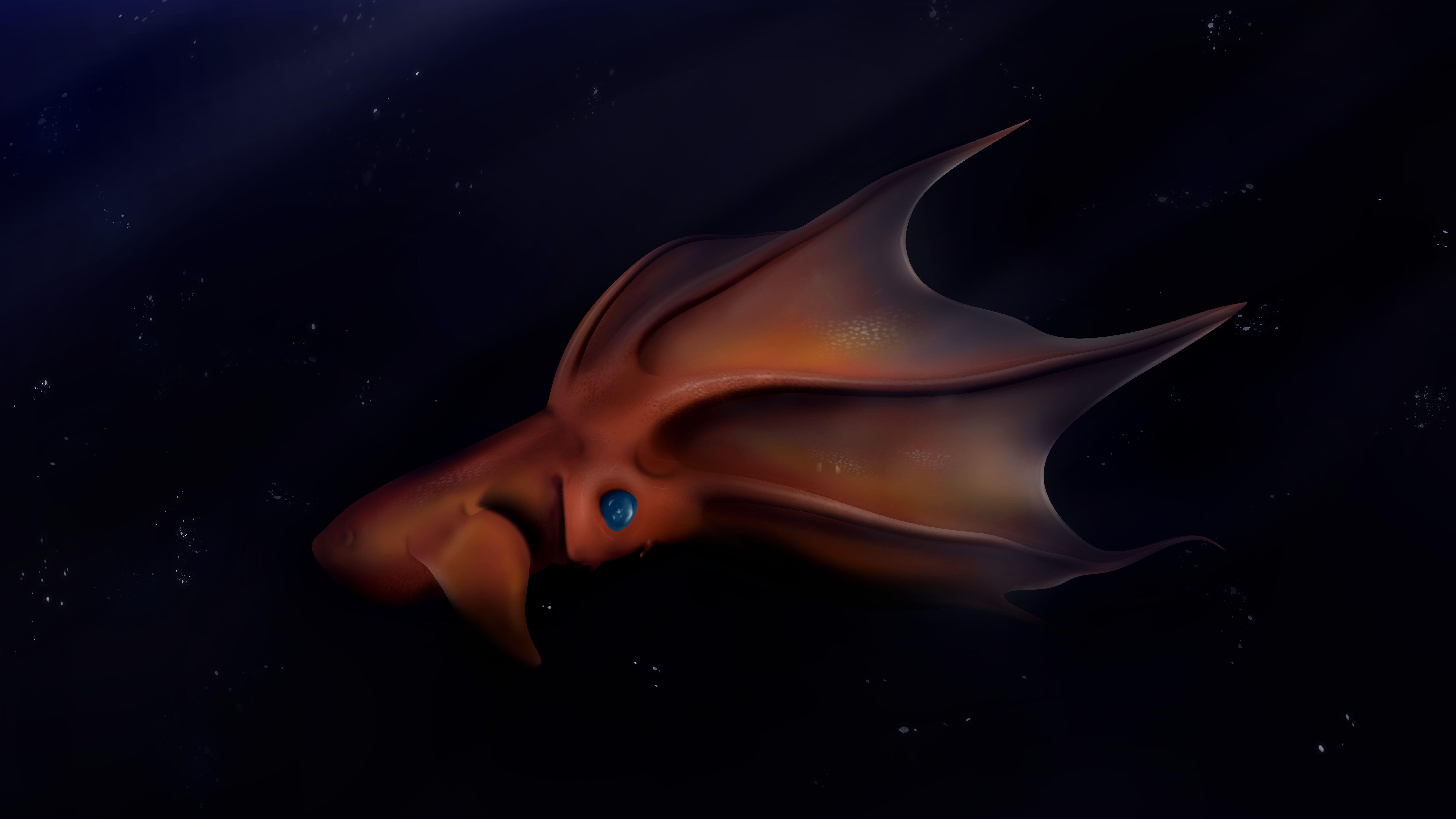 網頁設計 An illustration of a vampire squid swimming downward with its webbed tentacles trailing behind.