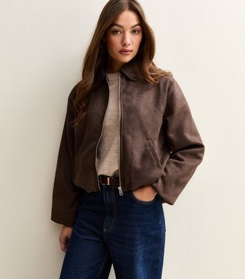 Brown Faux Suede Bubblehem Bomber Jacket