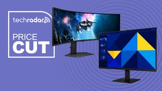 Two Samsung monitors on a purple background next to a TechRadar badge that reads 'Price Cut'