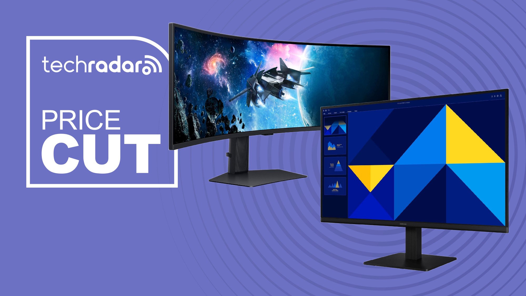 Two Samsung monitors on a purple background next to a TechRadar badge that reads 'Price Cut'