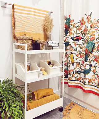 Bathroom storage trolley with itemized essentials, and colorful bird print shower curtain.