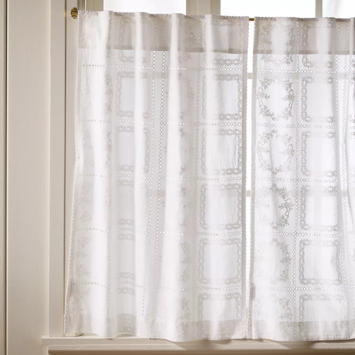 Cotton Eyelet Embroidered Sheer Cafe Curtain, Set of 2