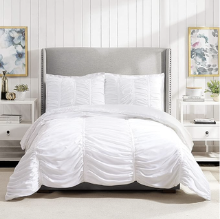 Ruched pleated bedding in white from Amazon.
