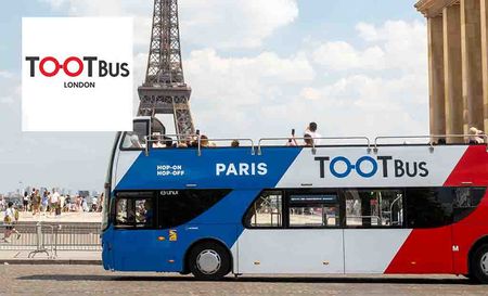 tootbus logo top left with double decker bus in front of the eifel tower