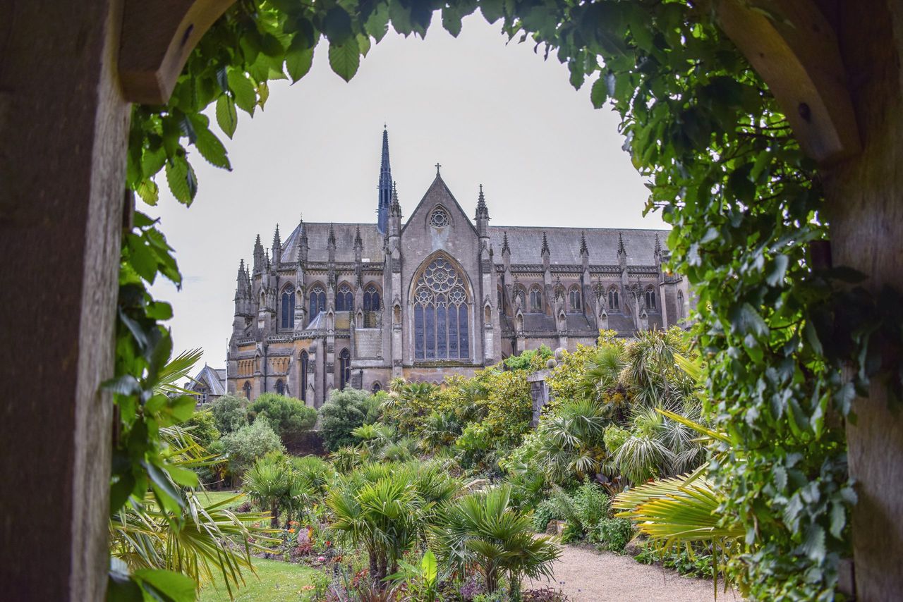 Arundel Cathedral looms above the gardens just as the castle does.