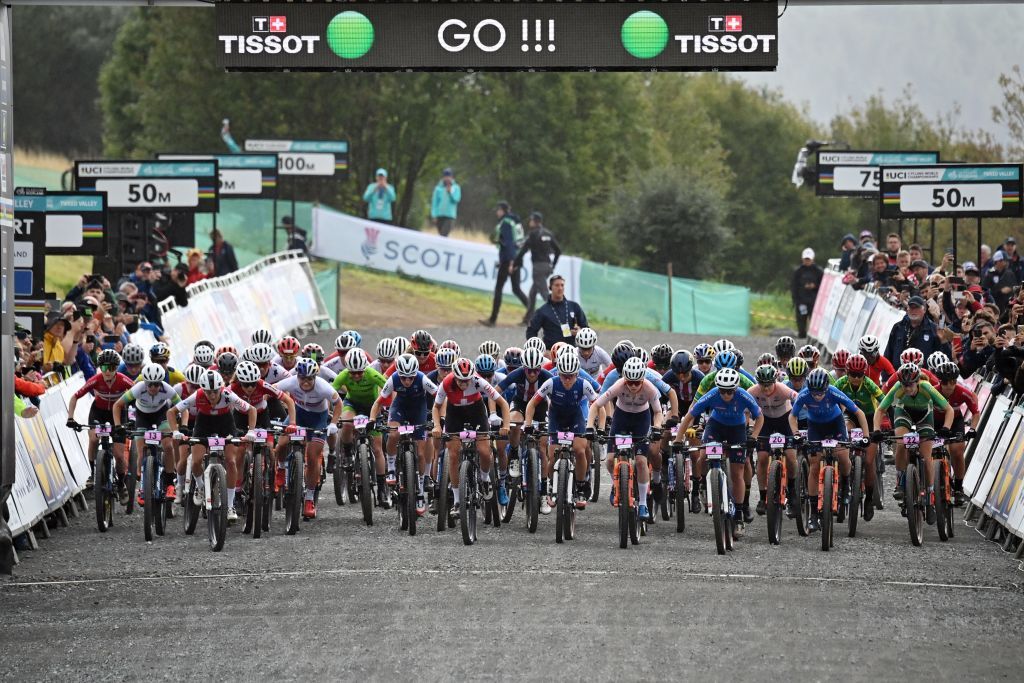 the start of the womens eliteXCO race at the Cycling World Championships in Glentress Forest