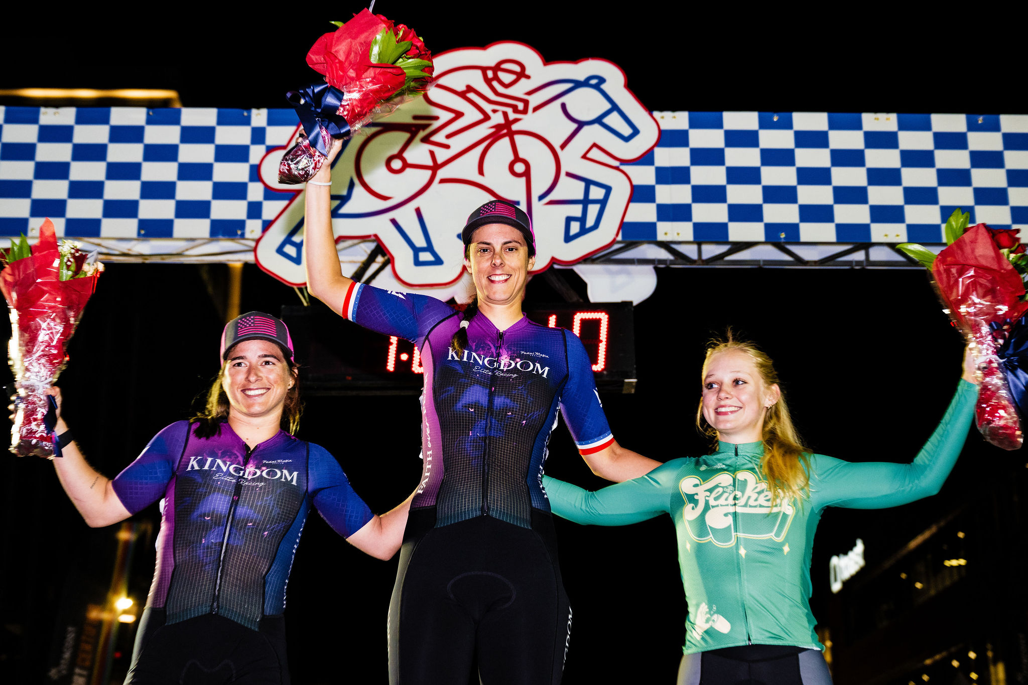 Elite women&#039;s podium at inaugural Aksarben Tirc criterium in Omaha, Nebraska, eighth round of USA CRITS for the women