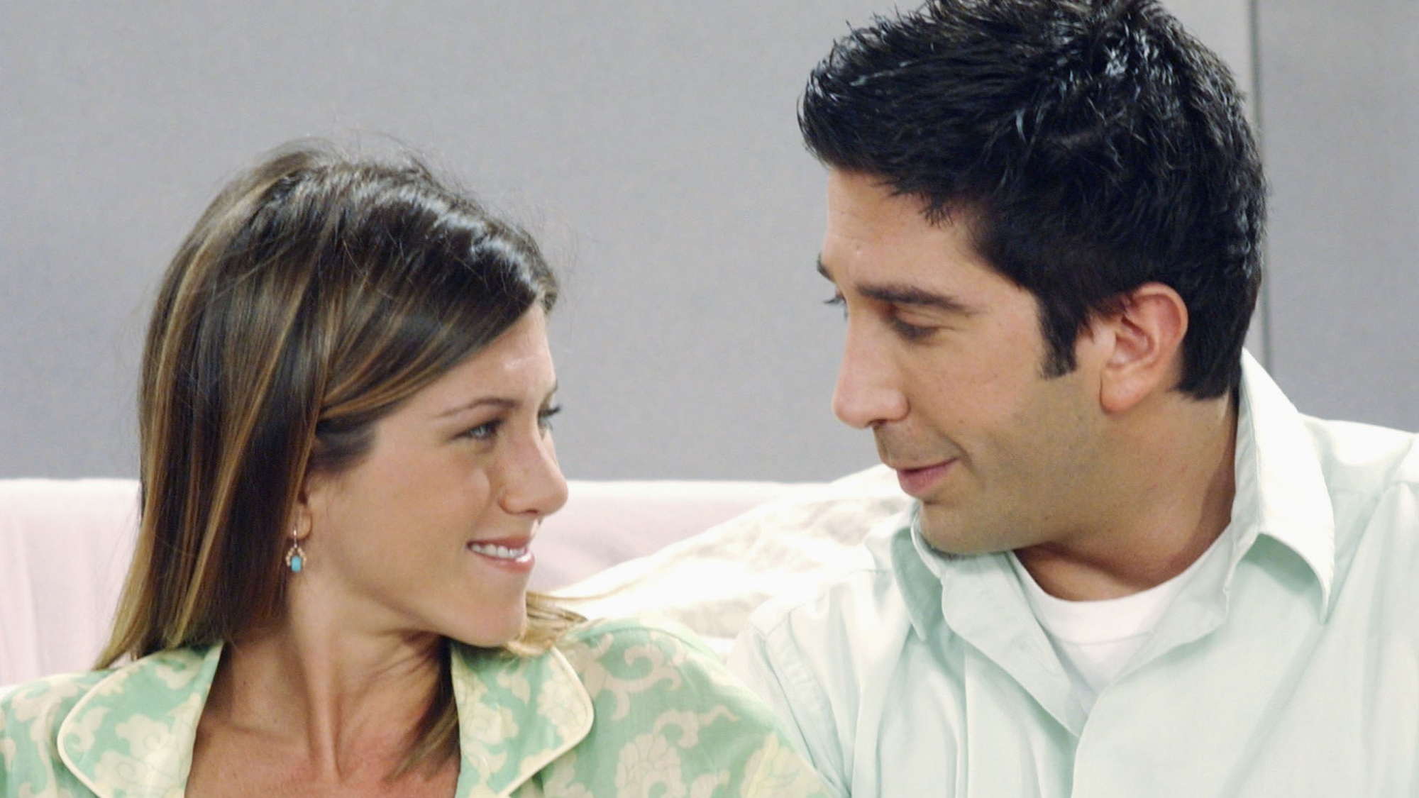 FRIENDS -- "The One Where No One Proposes" -- Episode 1 -- Aired 9/26/2002 -- Pictured: (l-r) Jennifer Aniston as Rachel Green, David Schwimmer as Ross Geller