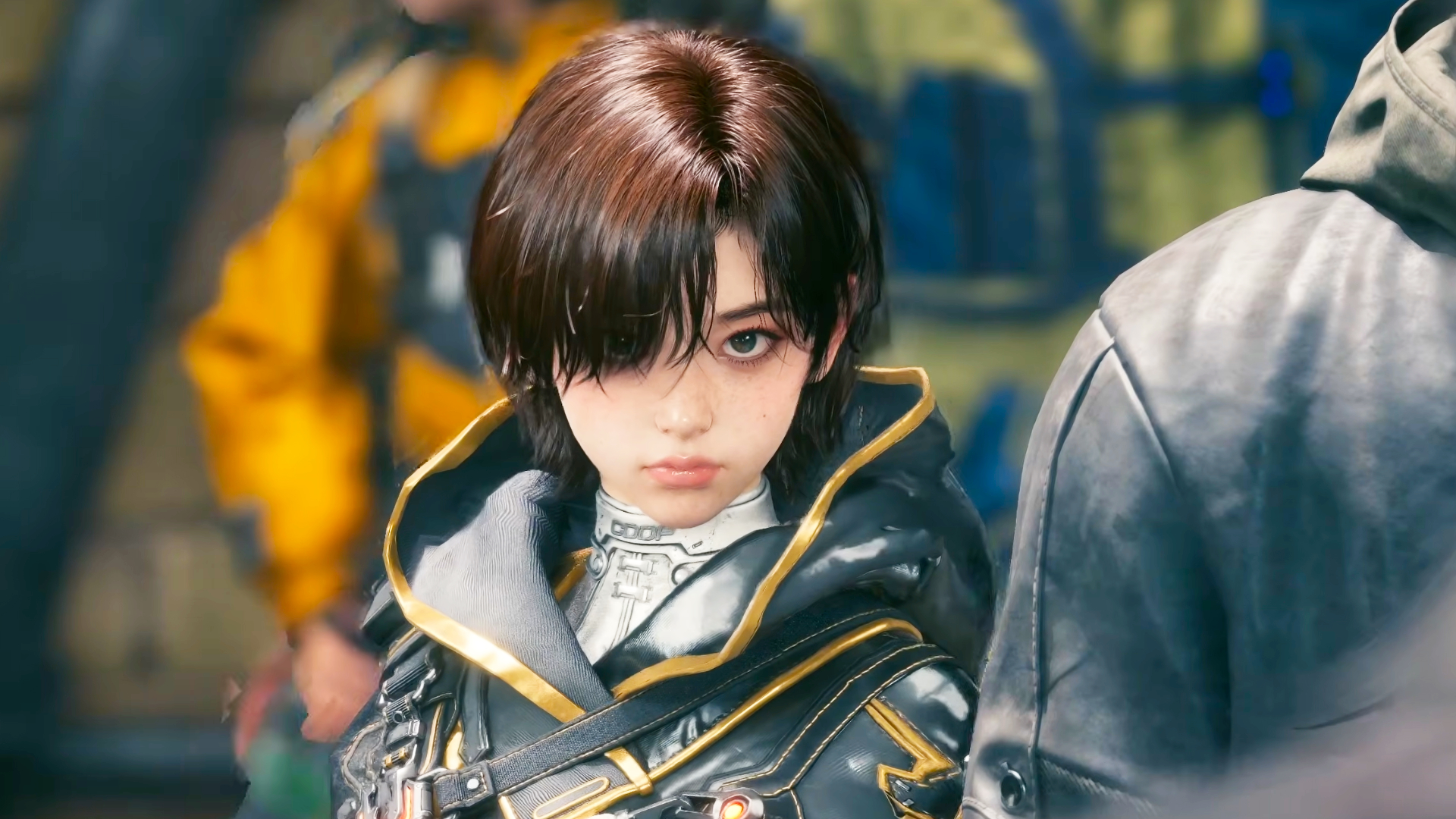 A screencap of the Stellar Blade: Blood Rain trailer. A young woman with shift hair and bangs covering her right eye looks stands in a crowd of people.
