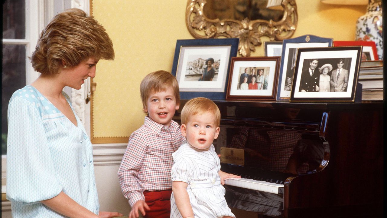 london, united kingdom october 04 princess diana with prince william and prince henry harry on the piano at home in kensington palace dress designed by kanga lady dale tryon photo by tim graham photo library via getty images