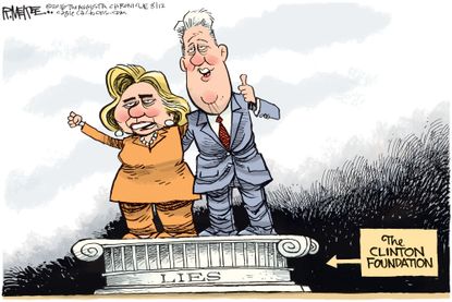 Political cartoon U.S. Hillary Clinton 2016 election presidency Clinton Foundation lies