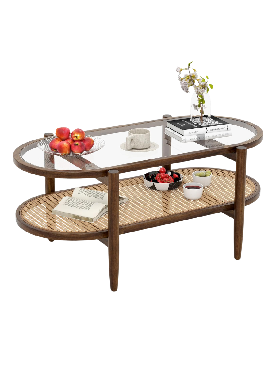 Giantex Rattan Coffee Table, 2-Tier Oval Acacia Wood Tea Table W/tempered Glass Tabletop & Pe Rattan Storage Shelf, Boho Cocktail Tables, Mid Century Modern Center Table for Living Room Office, Brown