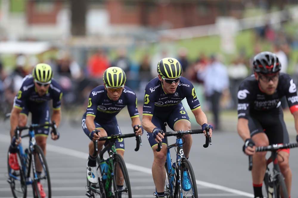 Caleb Ewan sat behind his Orica-Scott teammates