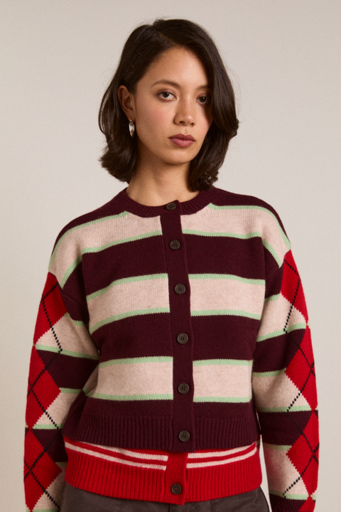 Didi Merino Wool Double Cardigan - Burg Argyle &amp;amp; Stripe