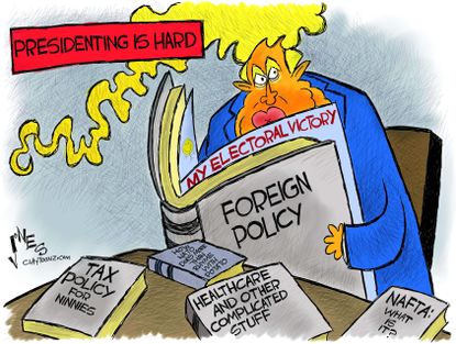 Political cartoon U.S. Trump president hard foreign policy victory