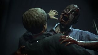Promotional screenshot of Leon attacked by a zombie in Resident Evil 2 Remake