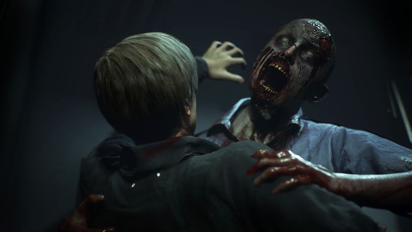 Promotional screenshot of Leon attacked by a zombie in Resident Evil 2 Remake