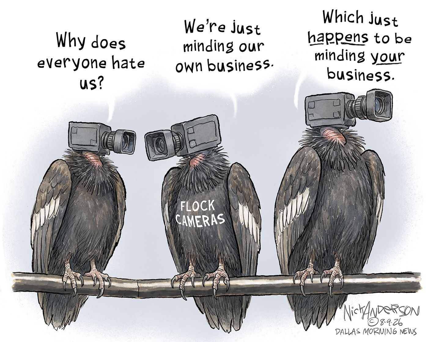 
                                Three birds with Flock cameras for heads instead of bird heads sit on a wire. From left to right they say, “Why does everyone hate us? We’re just minding our own business. Which just happens to be minding your business.”
                            
