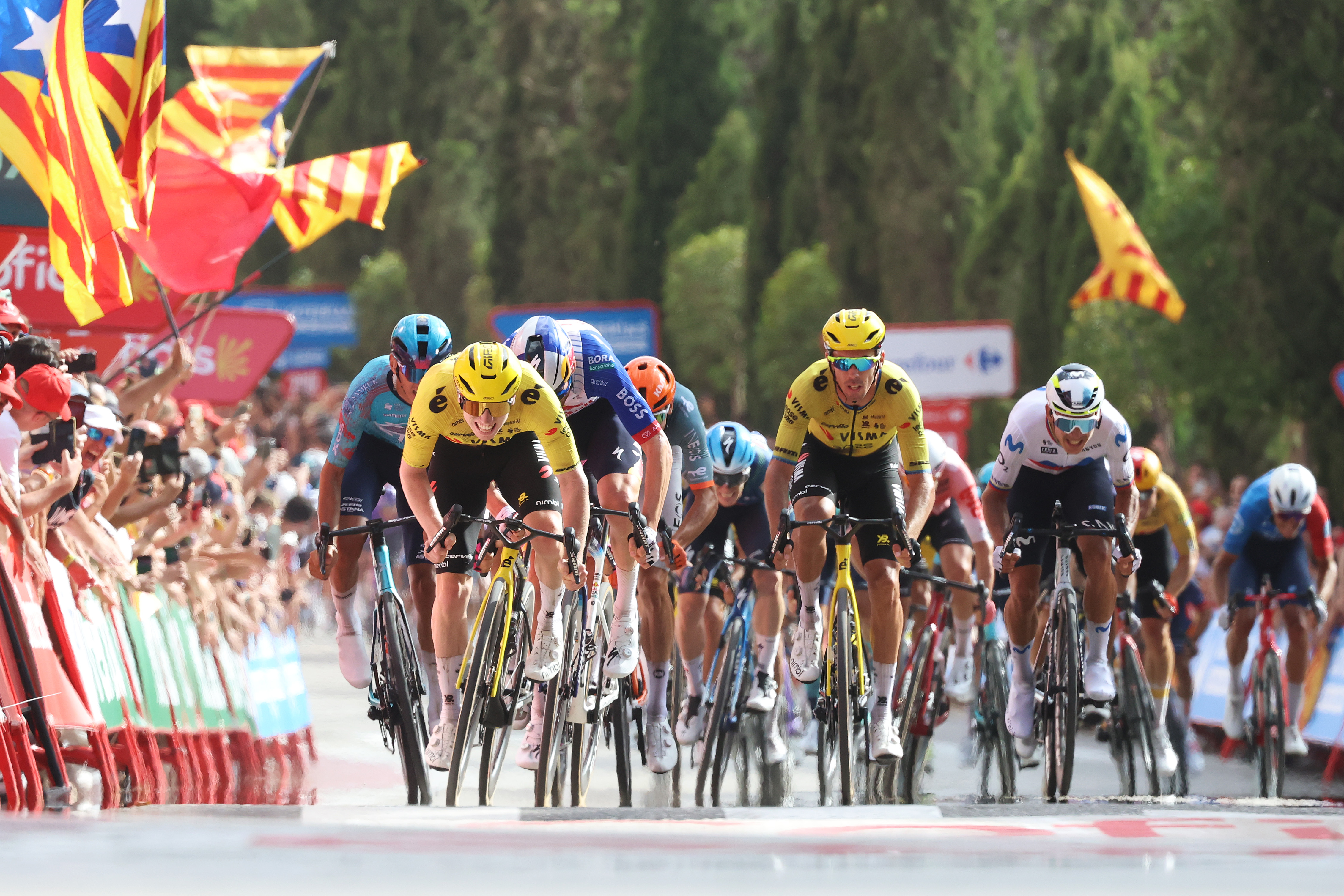 Matthew Brennan of Great Britain and Team Visma | Lease a Bike sprints at the finish to win on stage 5 of the 2026 Vuelta a Espa&ntilde;a (Photo by Alexander Hassenstein/Getty images)