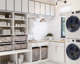 A white laundry room with stacked washing machines, open shelving and metal black wire baskets