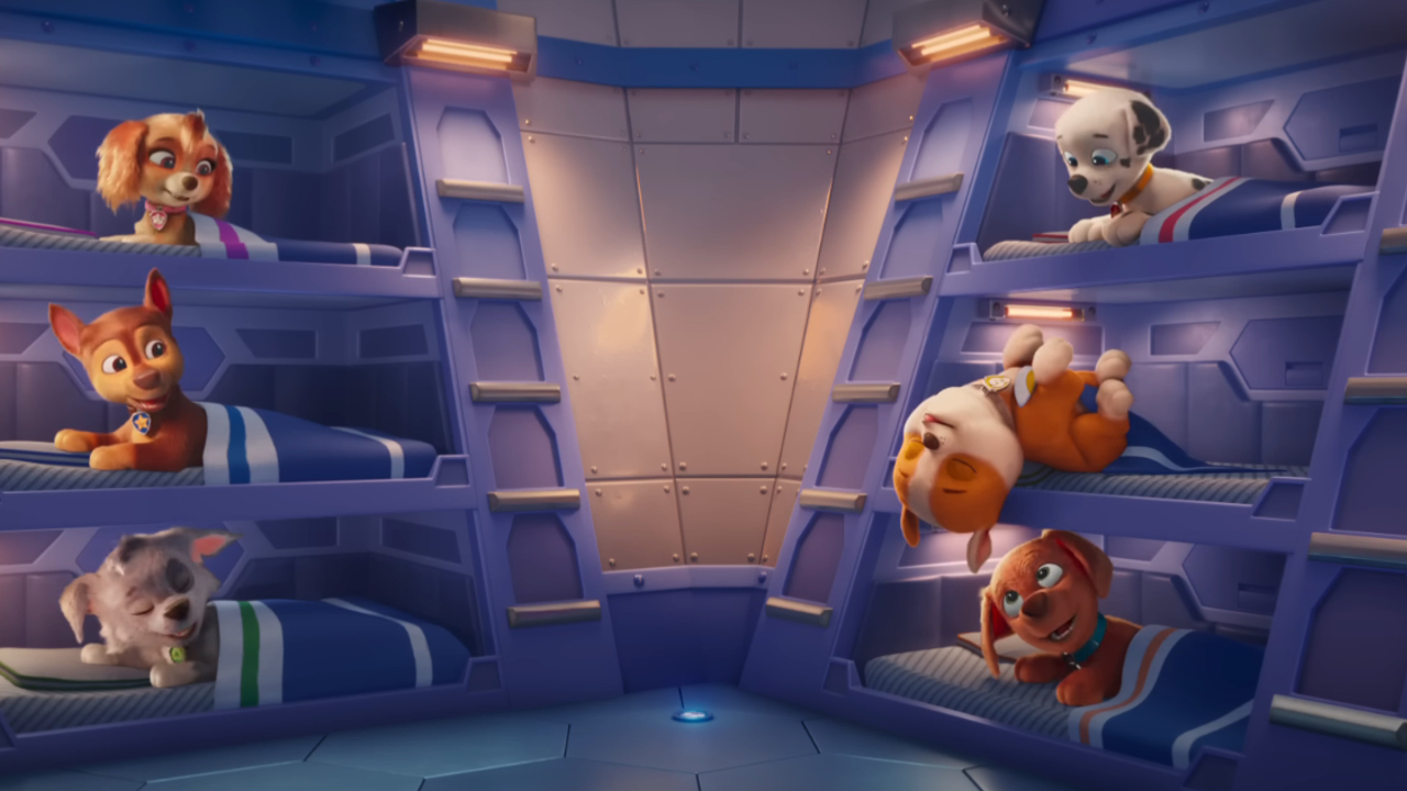 The Paw Patrol in their bunks in Paw Patrol: The Mighty Movie