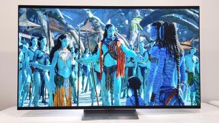 LG G3 OLED TV shown on a table with a scene from Avatar 2 playing