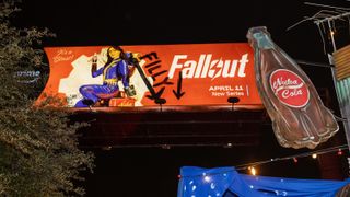 A photo from the SXSW 2024 Brand Activation Event for the Fallout TV show, showing a large red banner of the key art for the series and Nuka-Cola brand iconography from the franchise