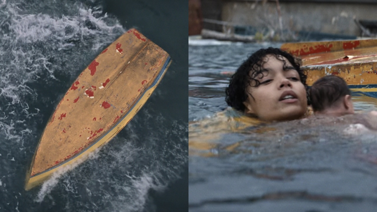 Side by side: Capsized boat in flood waters, Dakota holding newborn baby swimming in flood waters in Netflix's Thrash