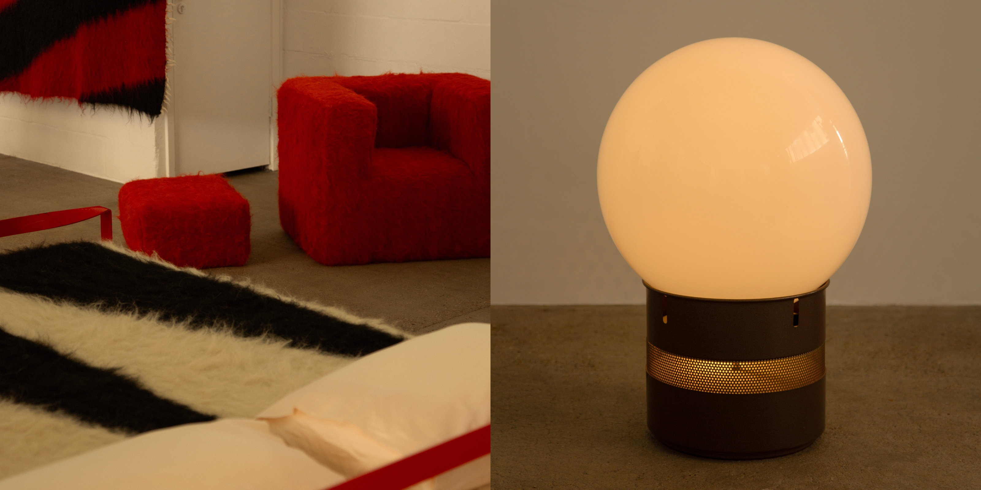 In a two-part split image, a design showroom features a series of textile creations, including hanging red and black tapestries, black and white blanquets, and a complementing armchair and foot stool set in red, alongside a spherical table lamp.