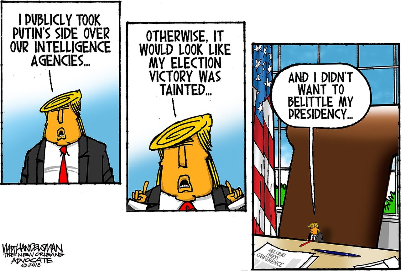 Political cartoon U.S. Trump Putin Helsinki summit intelligence officials FBI Russia investigation