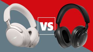 A black pair of Bowers & Wilkins Px7 S3 and a white pair of Bose QuietComfort Ultra Headphones on a red and grey background with a white versus sign between them.