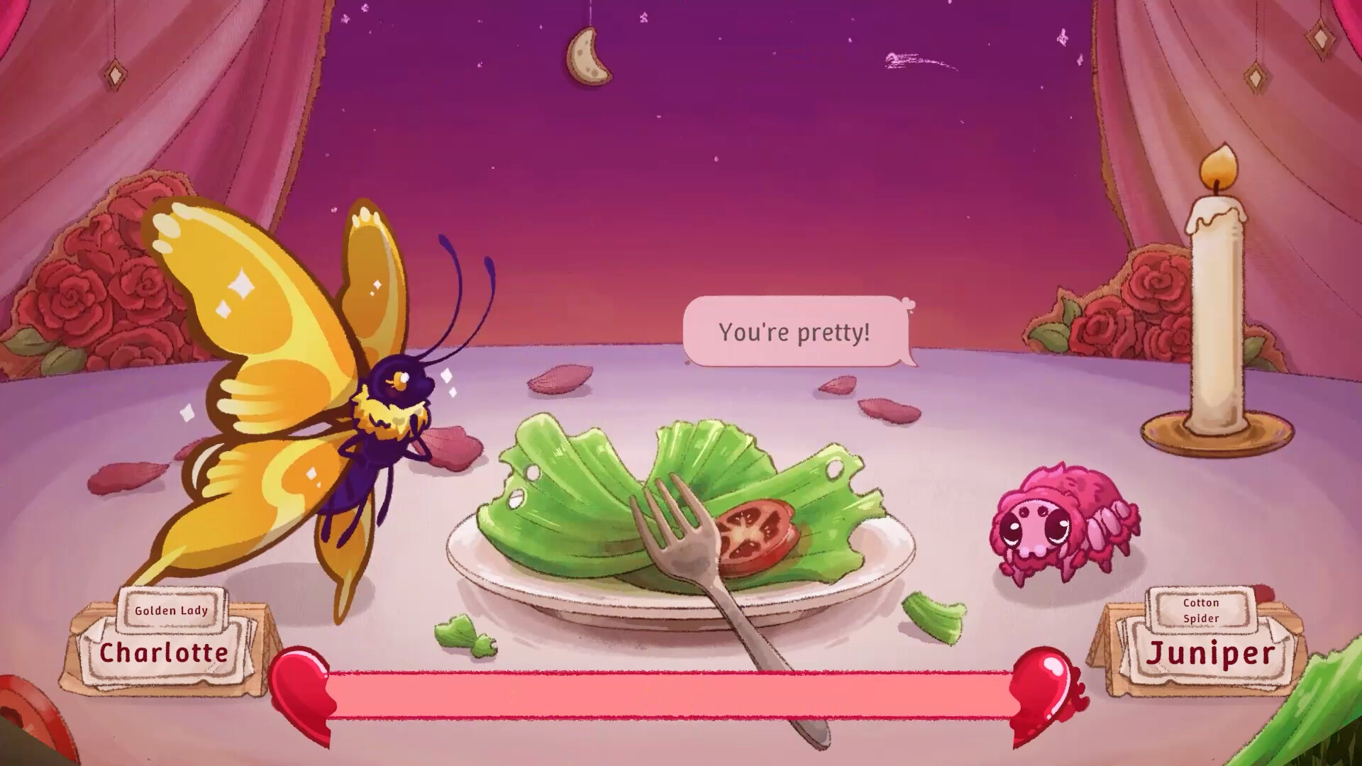 CatchMaker screenshot showing a butterfly called Juniper and a spider called Juniper sharing a meal on a date