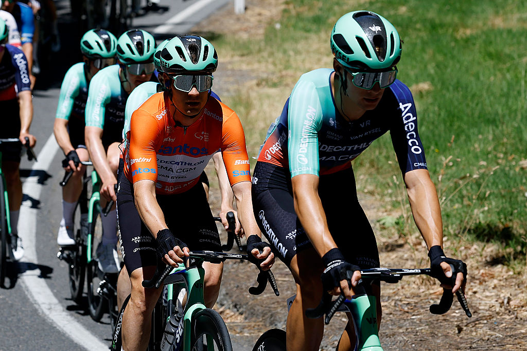 NORWOOD, AUSTRALIA - JANUARY 22: Tobias Lund Andresen of Denmark and Decathlon CMA CGM Team - Orange Santos Leader&amp;amp;apos;s Jersey (L) competes during the 26th Santos Tour Down Under 2026, Stage 2 a 148.1km stage from Norwood to Uraidla 495m / #UCIWT / on January 22, 2026 in Norwood, Australia. (Photo by Con Chronis/Getty Images)