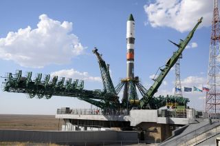 Since 2004, Russia's Soyuz 2 rocket has been painted greenish-gray with orange and white highlights, as seen here from July 2020.