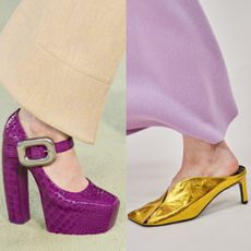 pink block heel and gold kitten heel on the runway