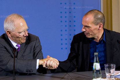German Finance Minister Wolfgang Schäuble and his Greek counterpart, Yanis Varoufakis, shake on it
