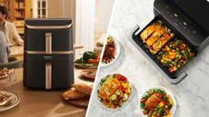 composite of both air fryers in lifestyle image shots