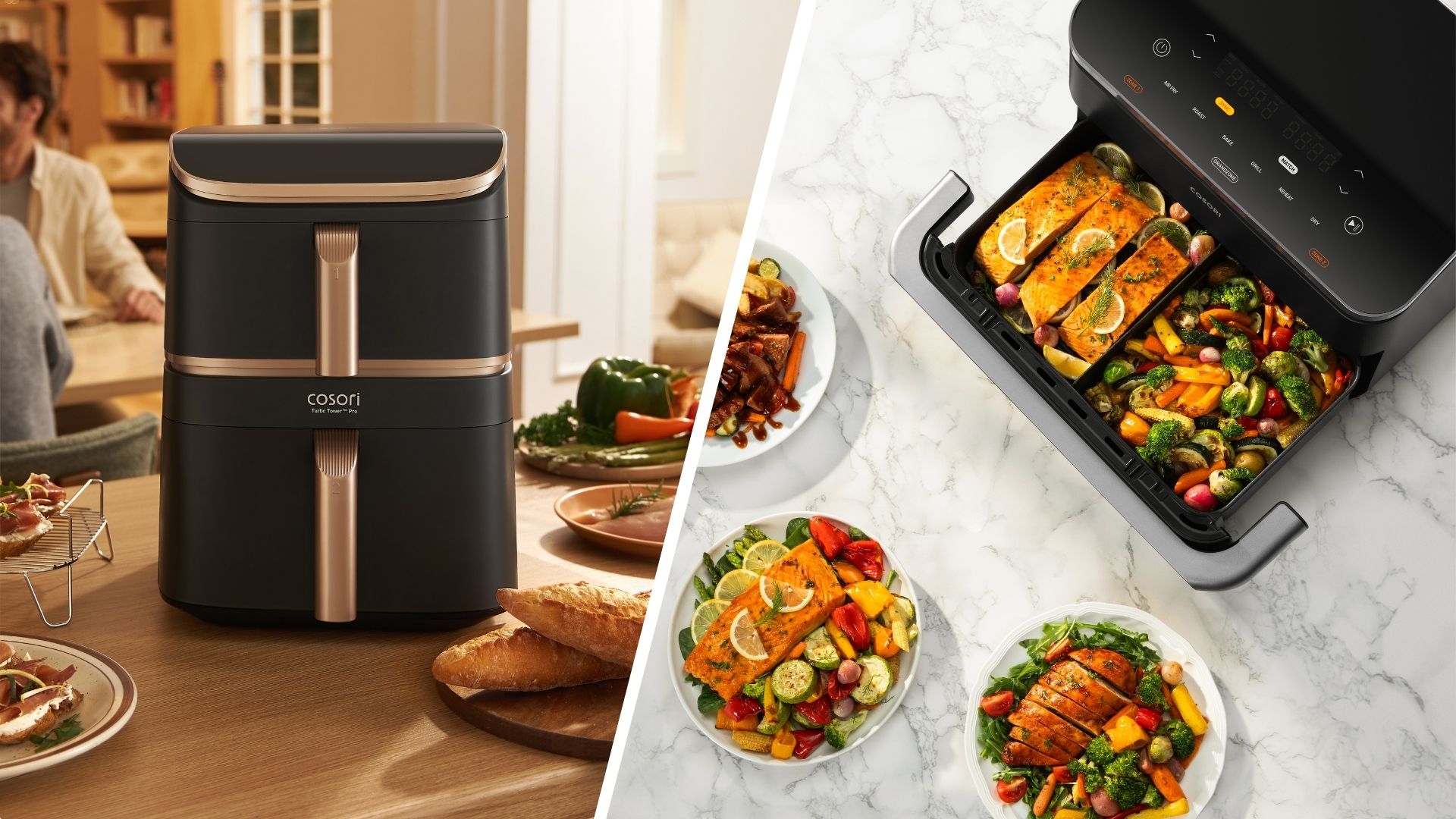 composite of both air fryers in lifestyle image shots