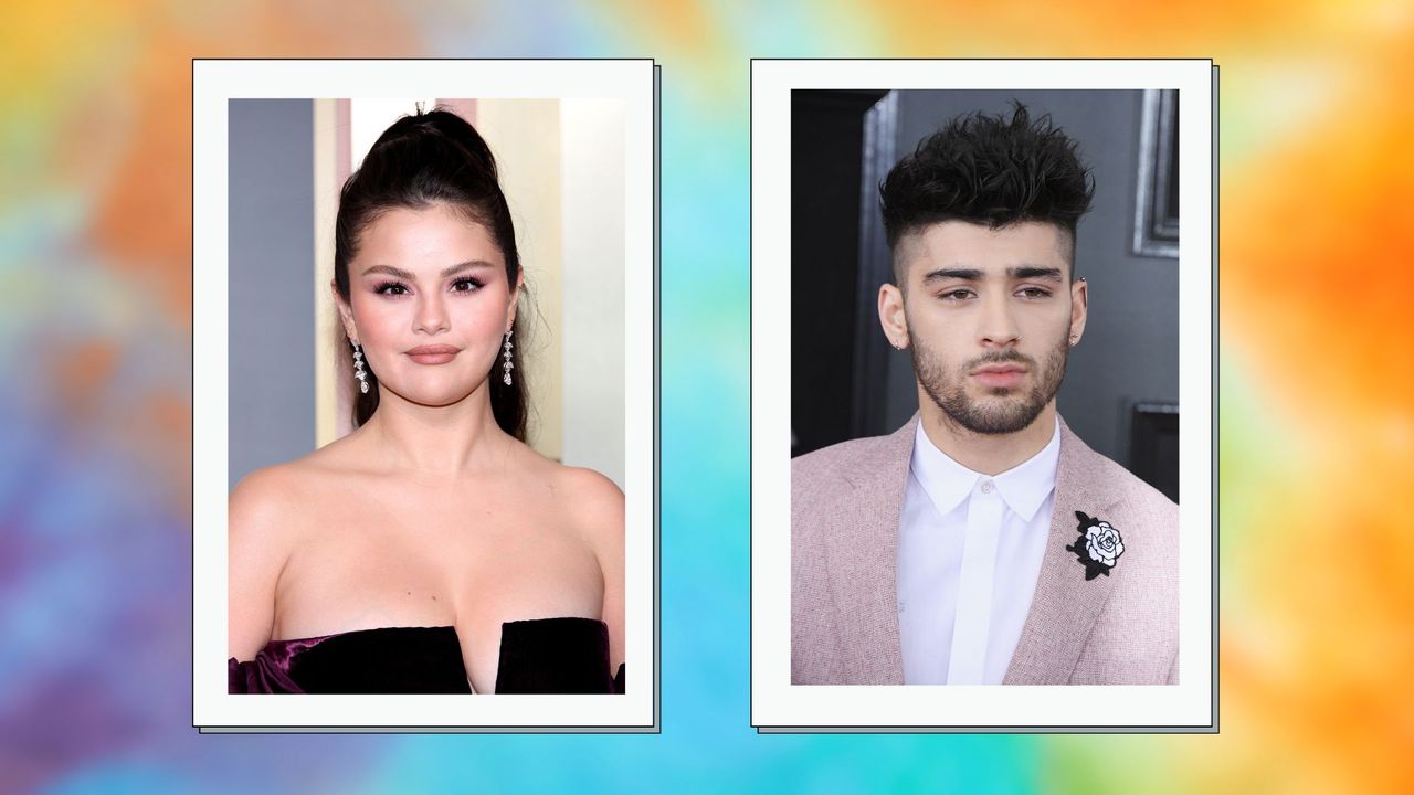 selena gomez and zayn malik headshots on a tye dye background